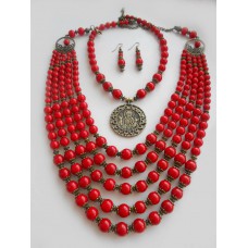 Necklace Namysto of real corals with medallion and earrings set 5+1 threads